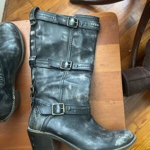 Frye Black Distressed Leather Heeled Boots
